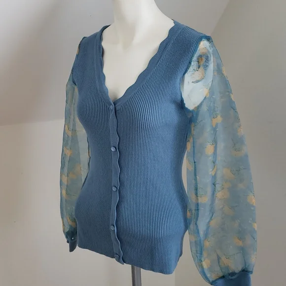 SIONI blu knit with Sheer floral Long Sleeves Sweater Top Cornflower blue Size S - Picture 3 of 16